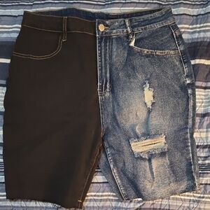 SHEIN Two-Tone Half Black Half Blue Distressed Jean Shorts